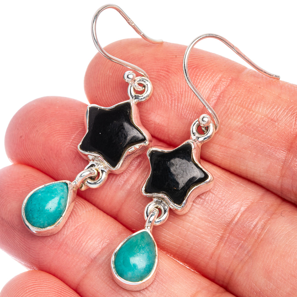 Black Onyx, Larimar Star Earrings 1 5/8" (925 Sterling Silver) E433548