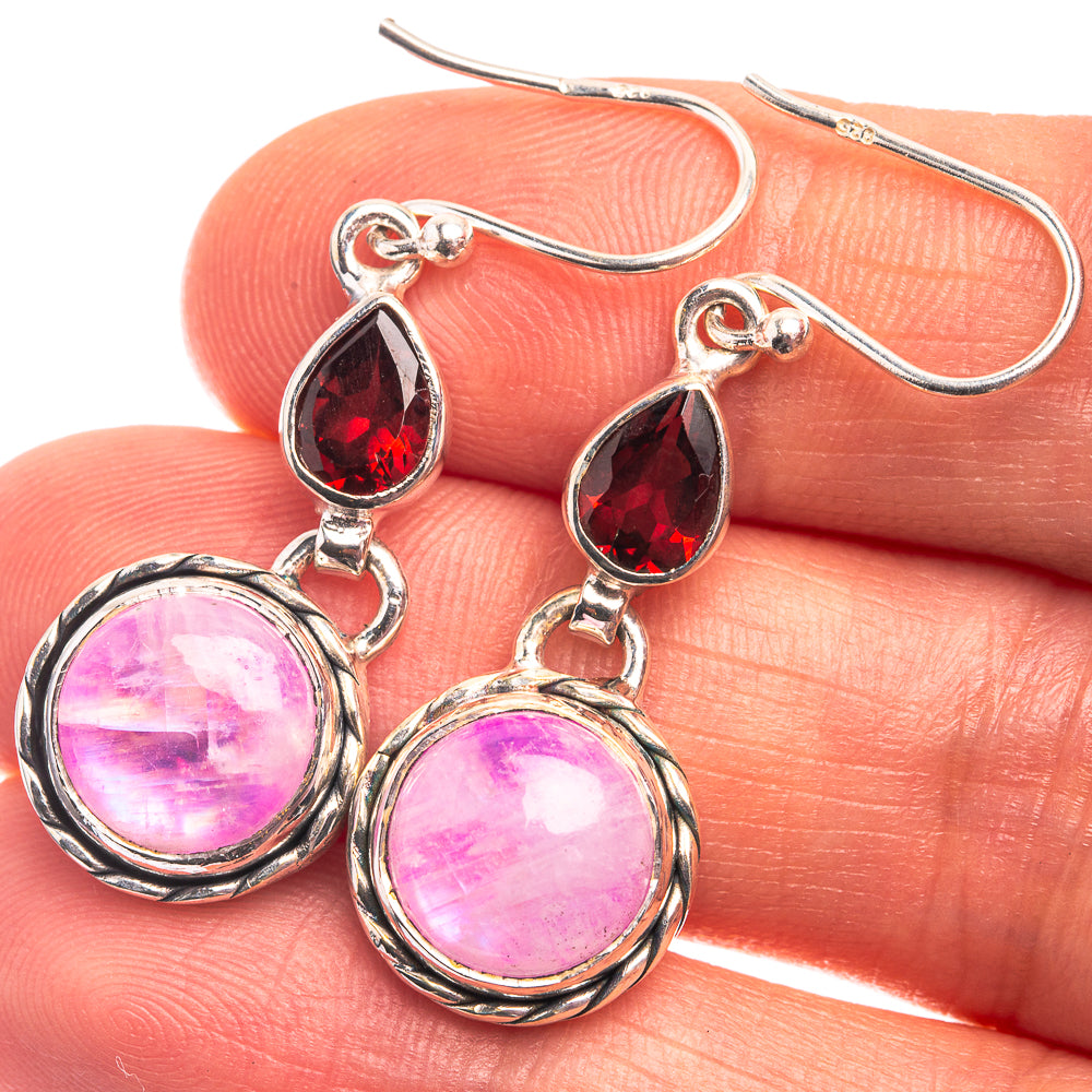 Pink Moonstone, Garnet Earrings 1 1/2" (925 Sterling Silver) E432376