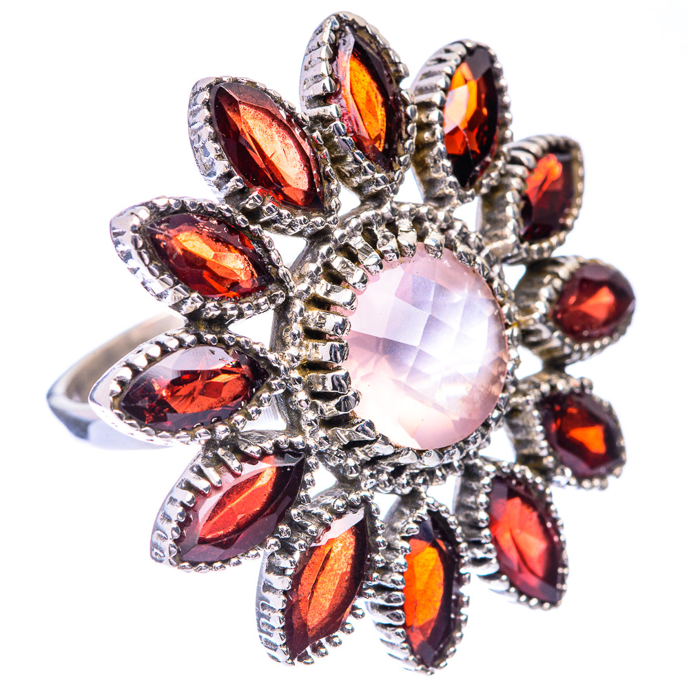 Large Rose Quartz, Garnet Ring Size 9 (925 Sterling Silver) R140855