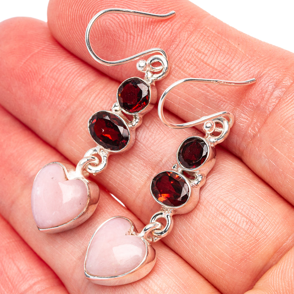 Pink Opal, Garnet Earrings 1 3/4" (925 Sterling Silver) E1640