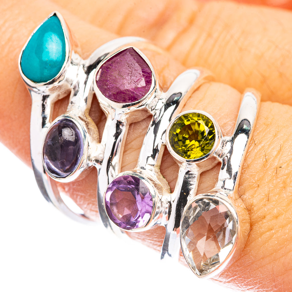 Sleeping Beauty Turquoise, Amethyst, Peridot, Tanzanite, Ruby, White Quartz Ring Size 8 (925 Sterling Silver) R142670