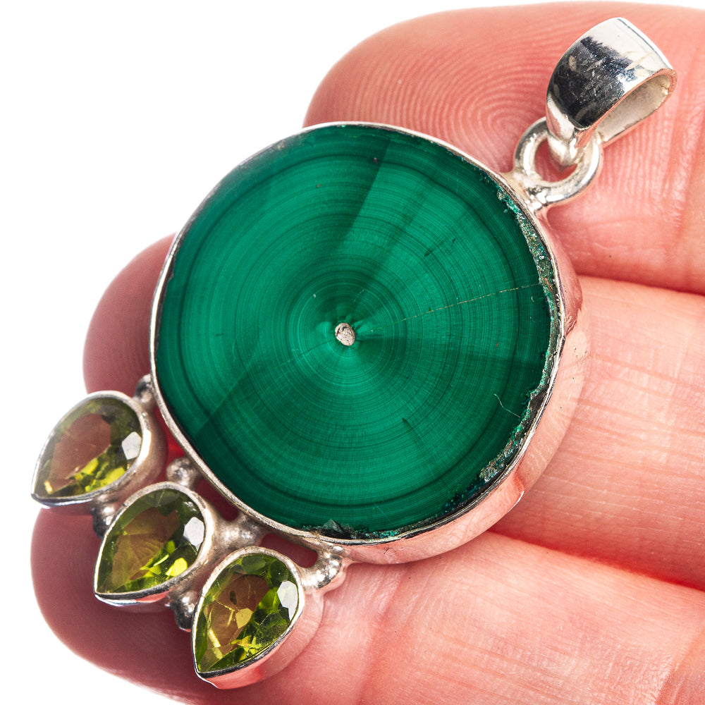 Malachite, Peridot 925 Sterling Silver Pendant 1 5/8"