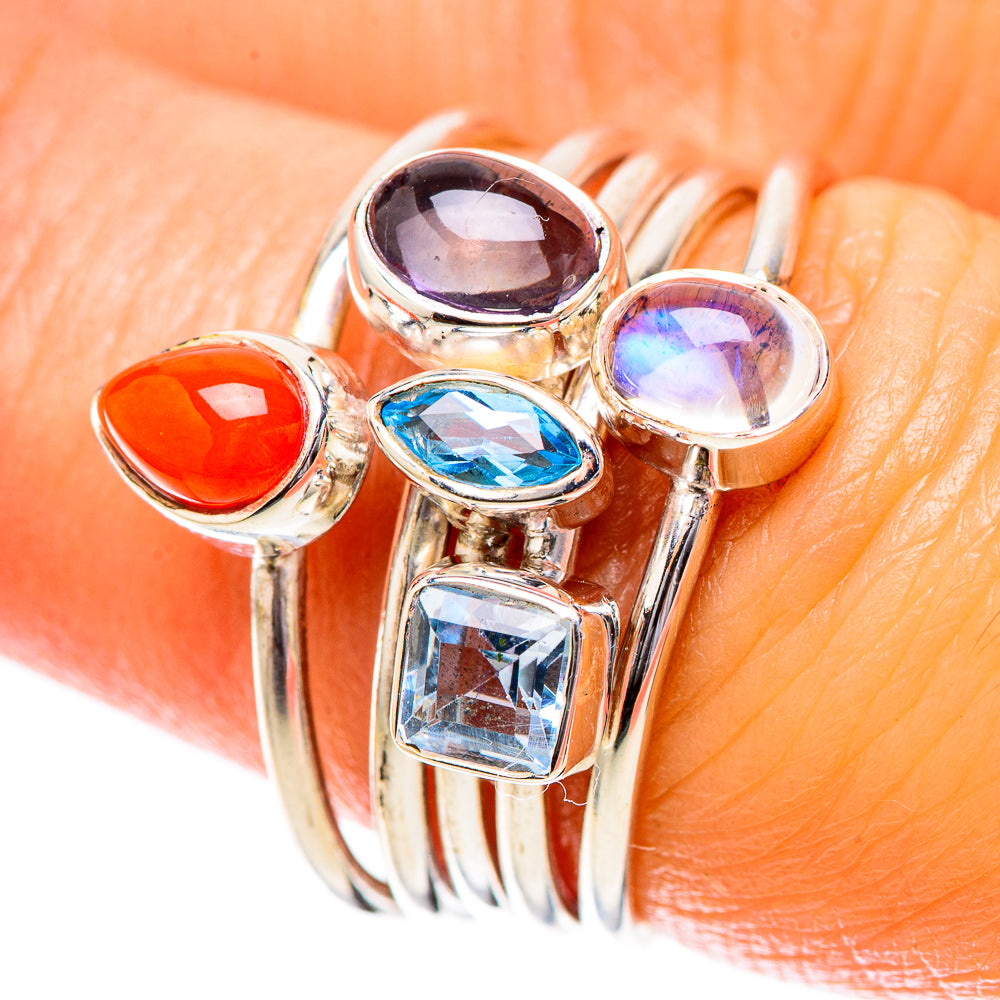 Red Coral, Tanzanite, Blue Topaz, Rainbow Moonstone Ring Size 6.5 (925 Sterling Silver) RING137858