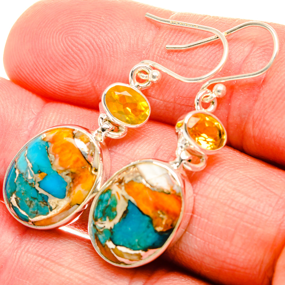 Spiny Oyster Turquoise, Citrine Earrings 1 5/8" (925 Sterling Silver) EARR432054