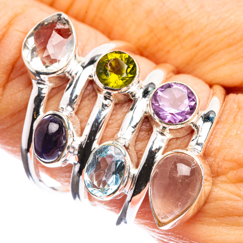 Large Rose Quartz, Amethyst, Peridot, Blue Topaz, Tanzanite, White Quartz Ring Size 9 (925 Sterling Silver) R143026