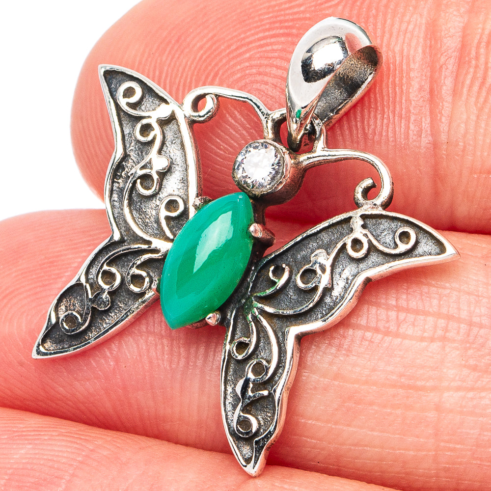 Dainty Chrysoprase, White Quartz Butterfly Pendant 1" (925 Sterling Silver) P45352