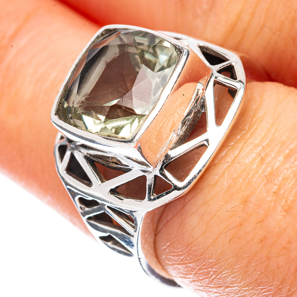 Faceted Green Amethyst Ring Size 7.25 (925 Sterling Silver) R3101