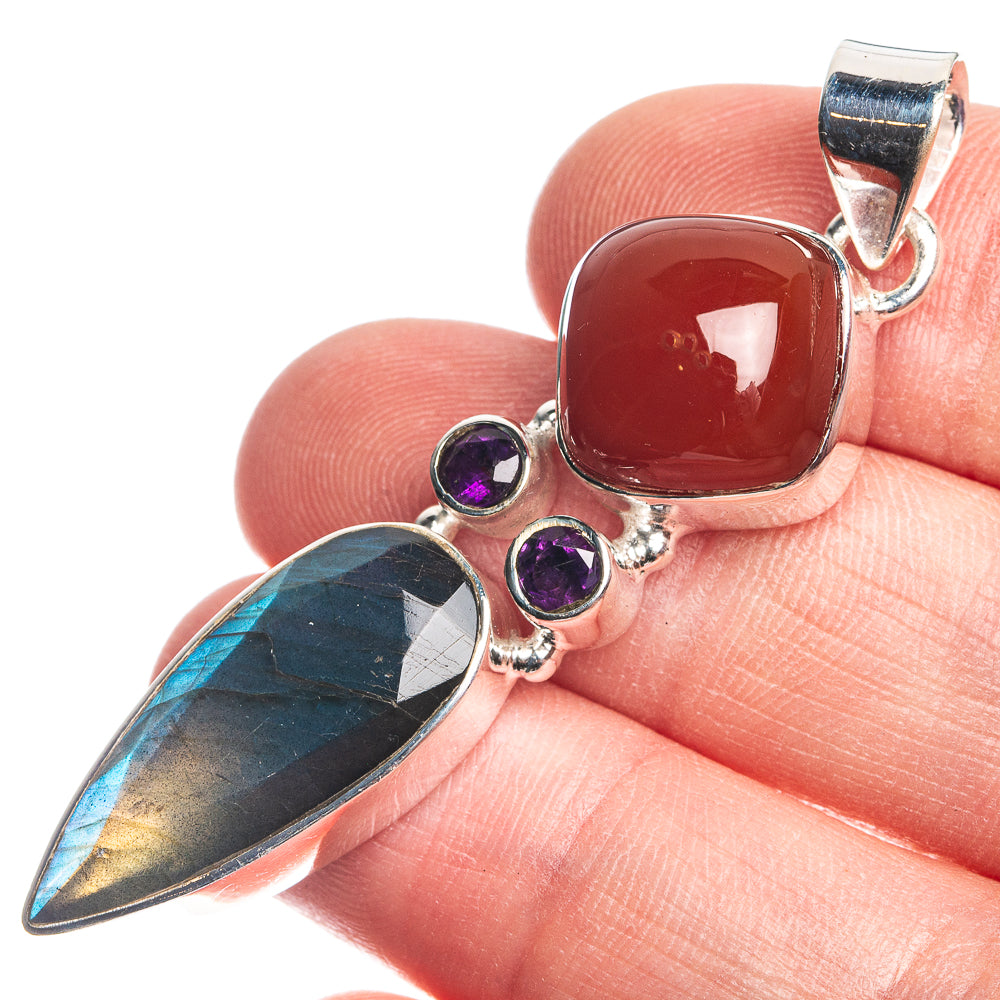 Labradorite, Red Onyx, Amethyst 925 Sterling Silver Pendant 2 1/8"