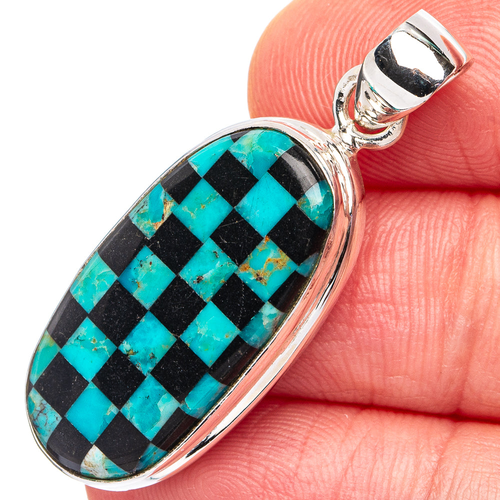 Rare Kingman Turquoise Black Onyx Pendant 1 1/2" (.925 Sterling Silver)