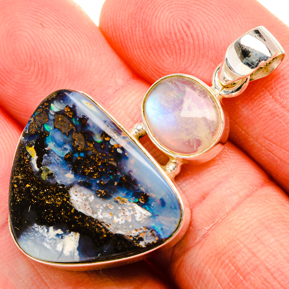 Boulder Opal, Rainbow Moonstone 925 Sterling Silver Pendant 1 3/4" (925 Sterling Silver) PD38396