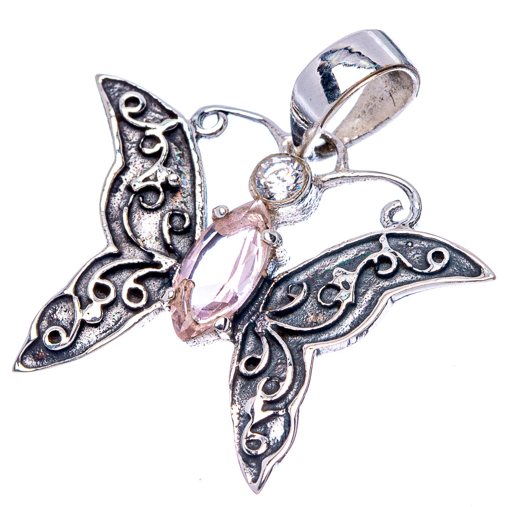 Rose Quartz, White Quartz Butterfly Dainty Pendant 1" (925 Sterling Silver) P43540