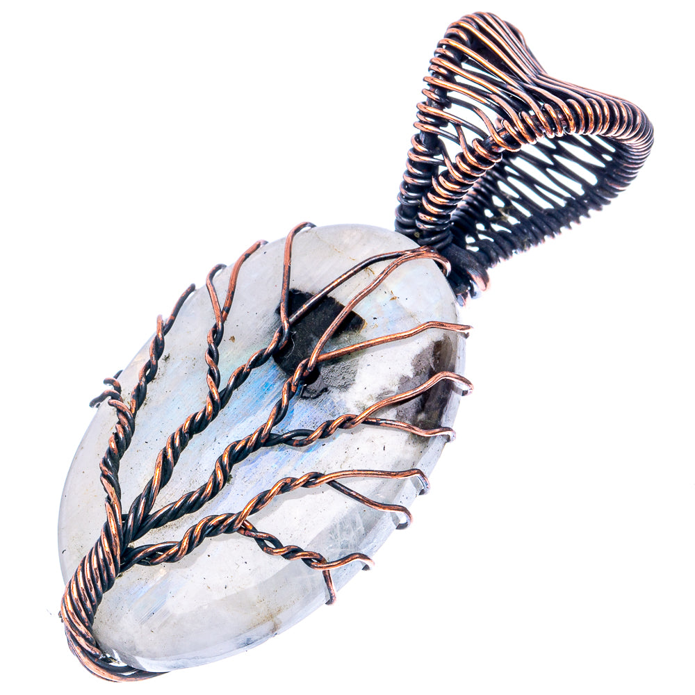 Rainbow Moonstone with Black Tourmaline Tree of Life Pendant 1 7/8" (Oxidized Copper)