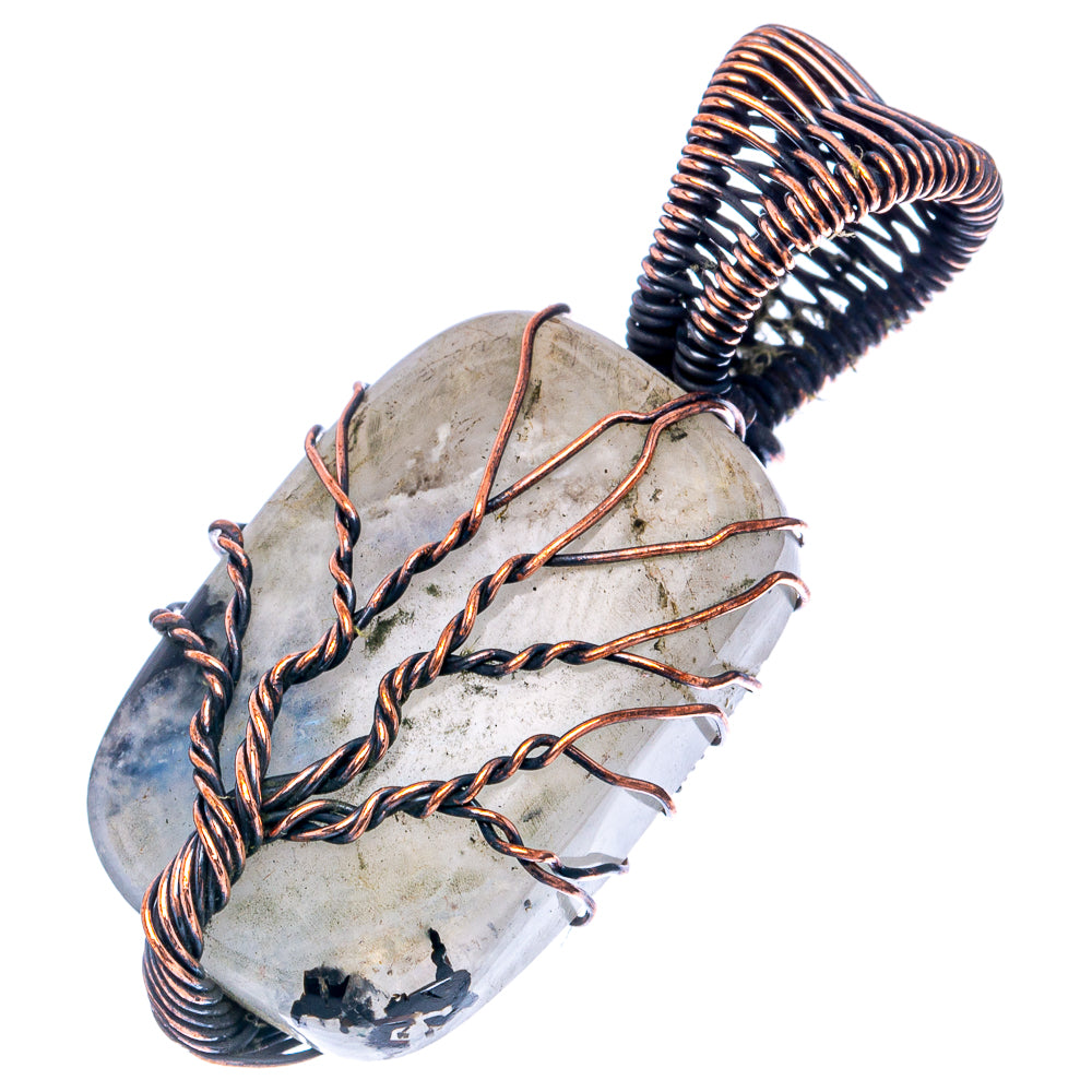 Rainbow Moonstone with Black Tourmaline Tree of Life Pendant 1 5/8" (Oxidized Copper)