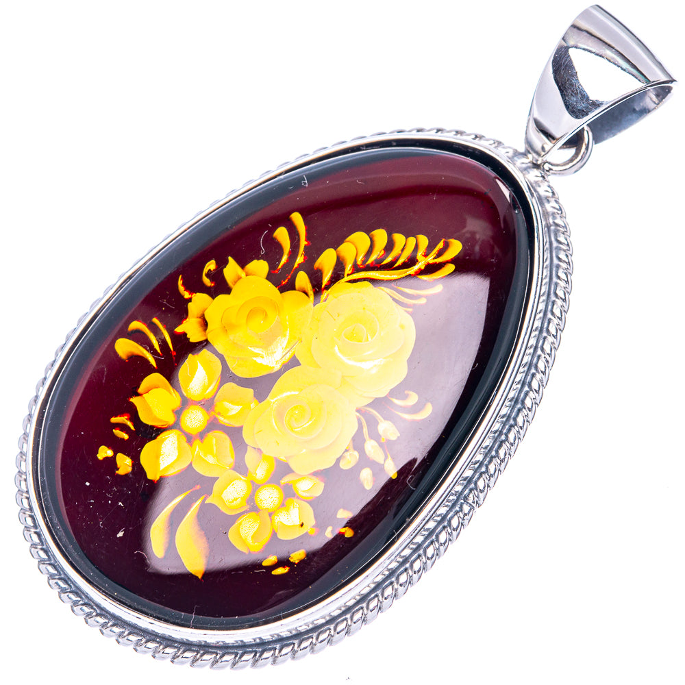 Amber Intaglio Rose Pendant 2 1/4" (925 Sterling Silver) P42587