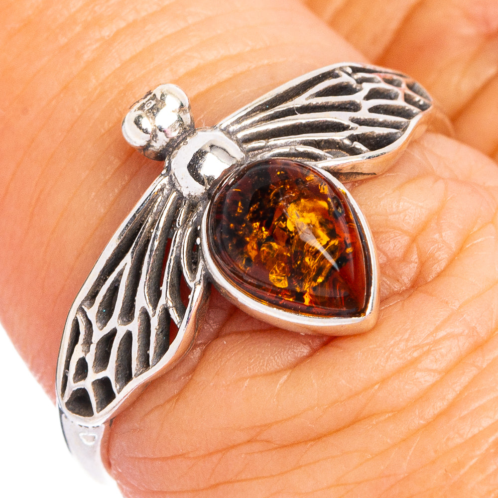 Baltic Amber Honey Bee Ring Size 7 (.925 Sterling Silver)