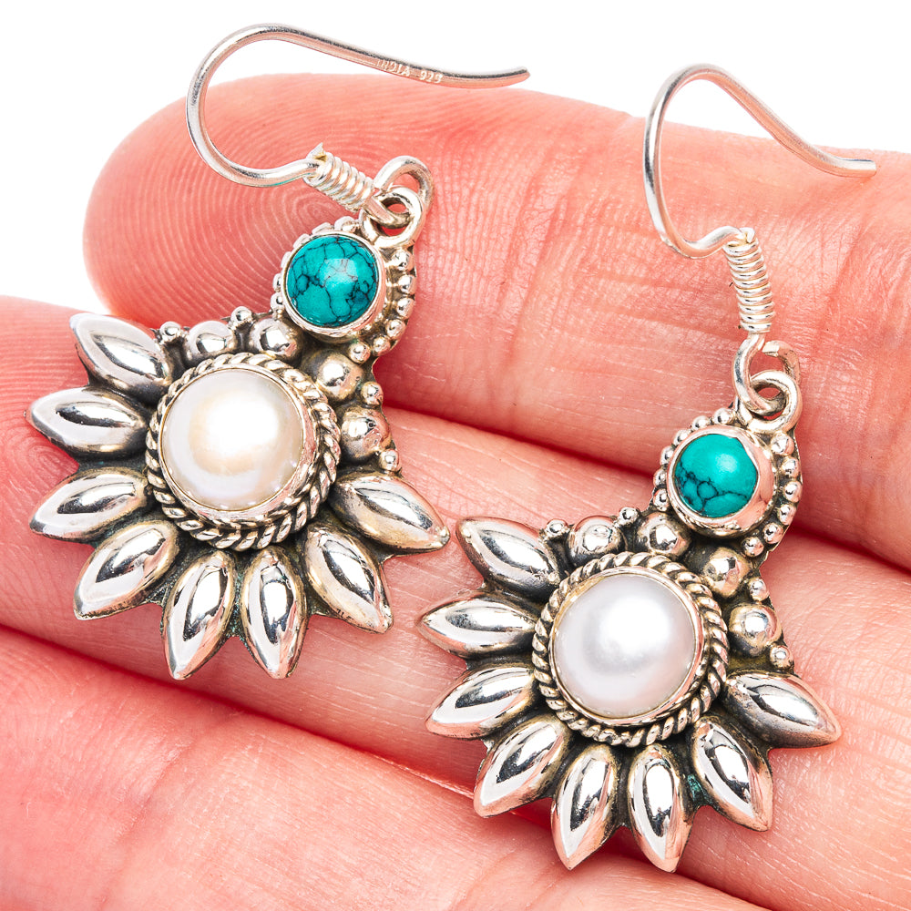 Cultured Pearl, Tibetan Turquoise Earrings 1 3/8" (925 Sterling Silver) E433362