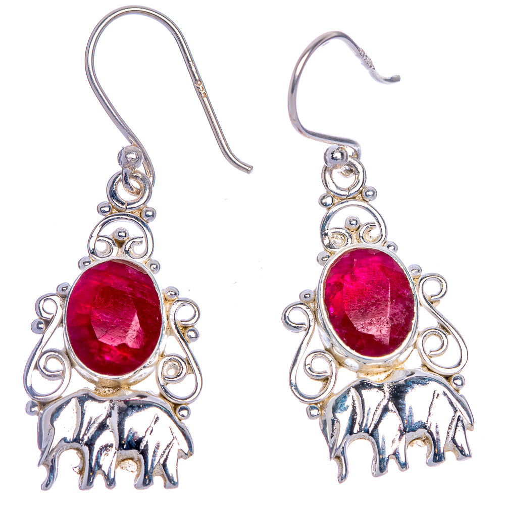 Glass Filled Ruby Elephant Earrings 1 1/2" (925 Sterling Silver) E1035
