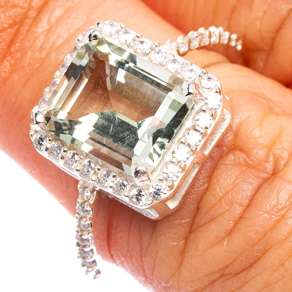 Faceted Green Amethyst, Cubic Zirconia Ring Size 6.75 (.925 Sterling Silver)