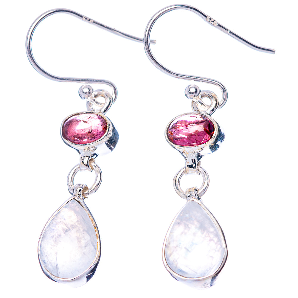 Rainbow Moonstone, Pink Tourmaline Earrings 1 1/2" (925 Sterling Silver) E1488