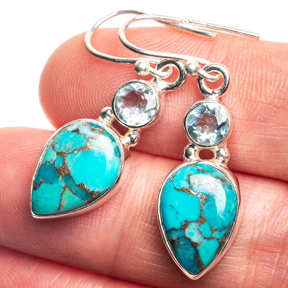 Blue Copper Composite Turquoise, Blue Topaz Earrings 1 3/8" (925 Sterling Silver) E432787