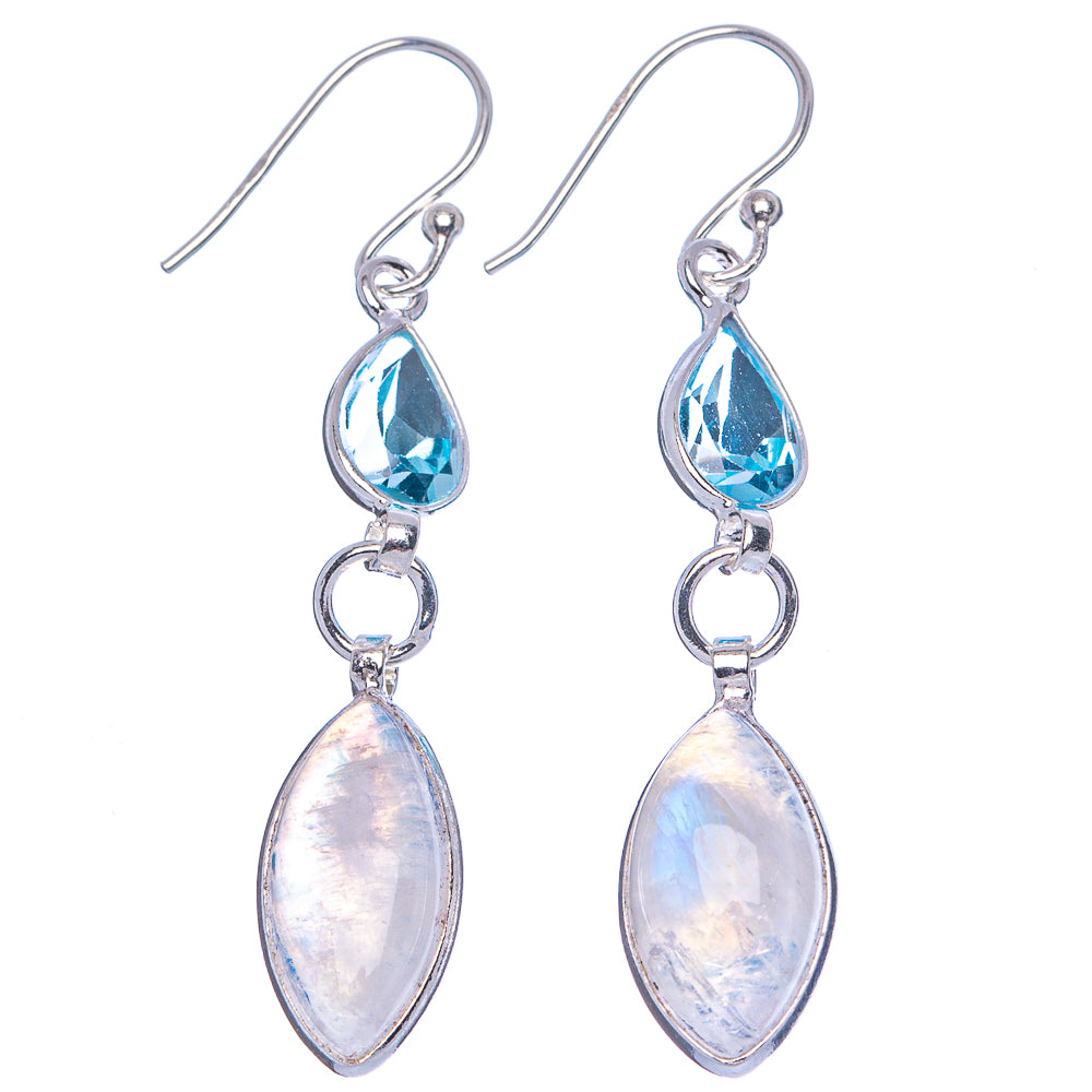 Rainbow Moonstone, Blue Topaz Earrings 2" (.925 Sterling Silver)