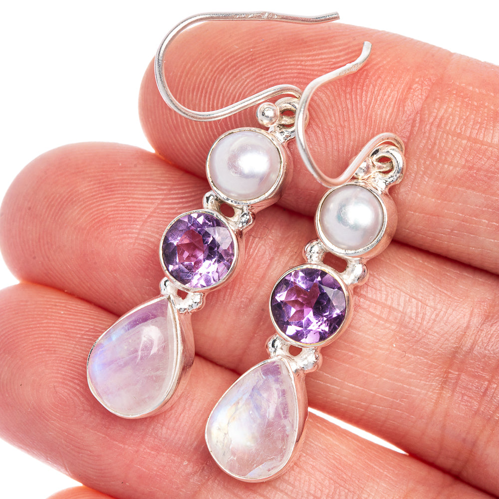 Rainbow Moonstone, Amethyst Earrings 1 5/8" (925 Sterling Silver) E1065