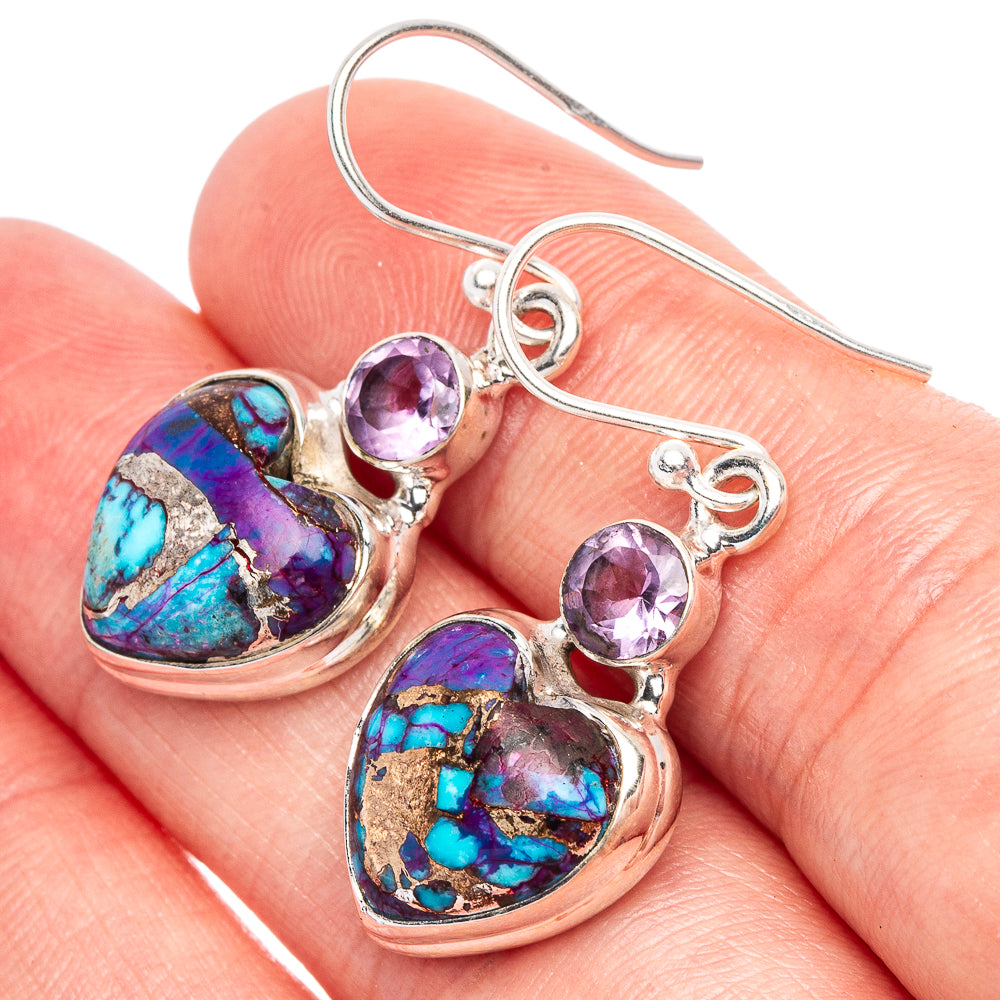 Purple Copper Composite Turquoise, Amethyst Heart Earrings 1 3/8" (925 Sterling Silver) E1817