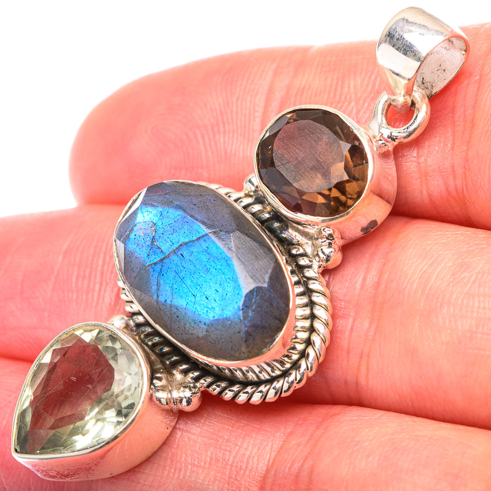 Labradorite, Green Amethyst, Smoky Quartz Pendant 2" (925 Sterling Silver) PD38579