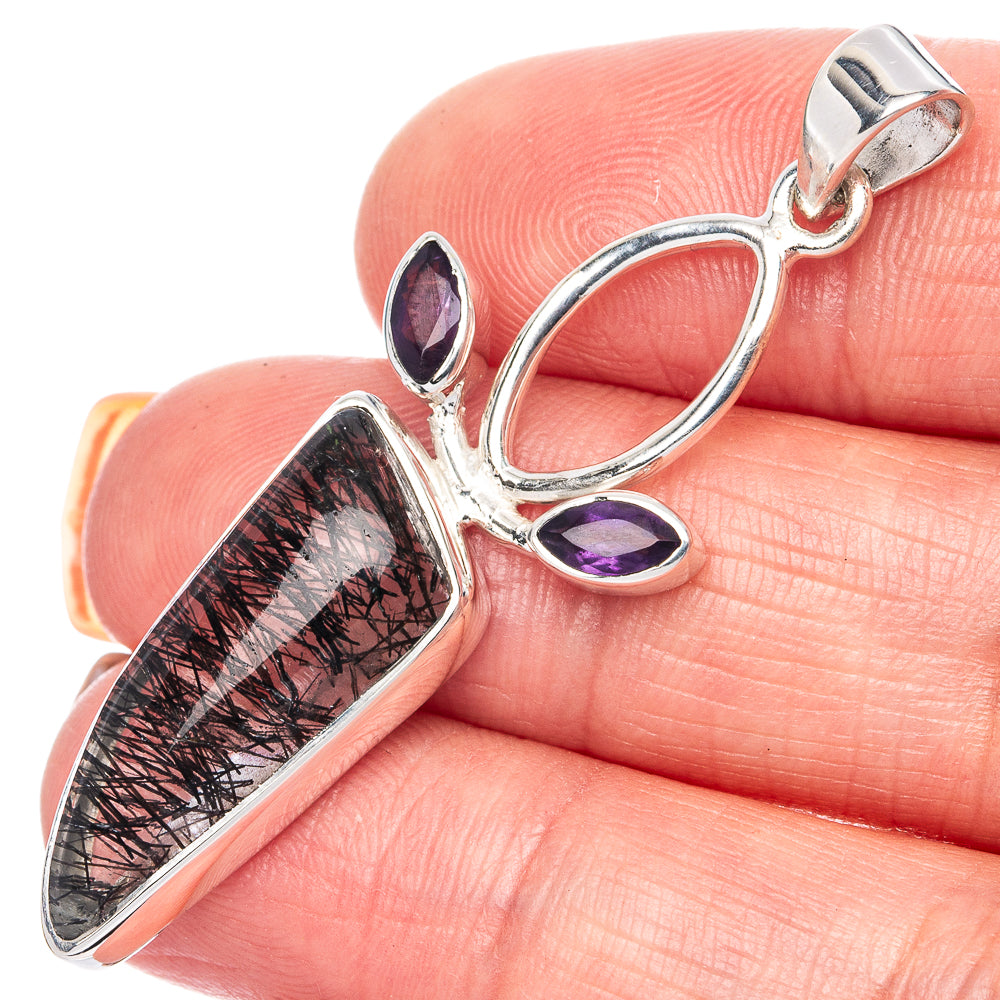 Premium Tourmalinated Quartz, Amethyst Pendant 1 7/8" (925 Sterling Silver) P41858