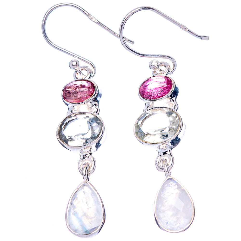 Rainbow Moonstone, White Quartz, Pink Tourmaline Earrings 1 3/4" (925 Sterling Silver) E1456