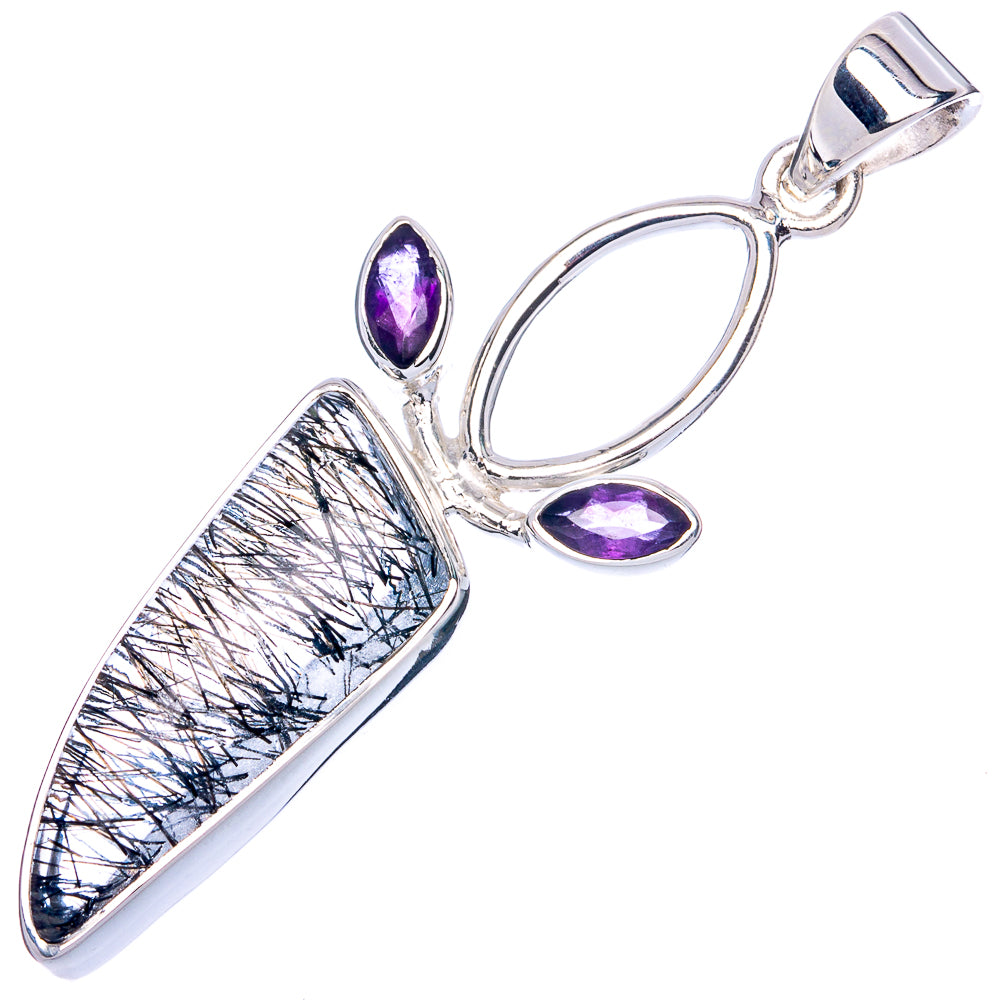 Premium Tourmalinated Quartz, Amethyst Pendant 1 7/8" (925 Sterling Silver) P41858