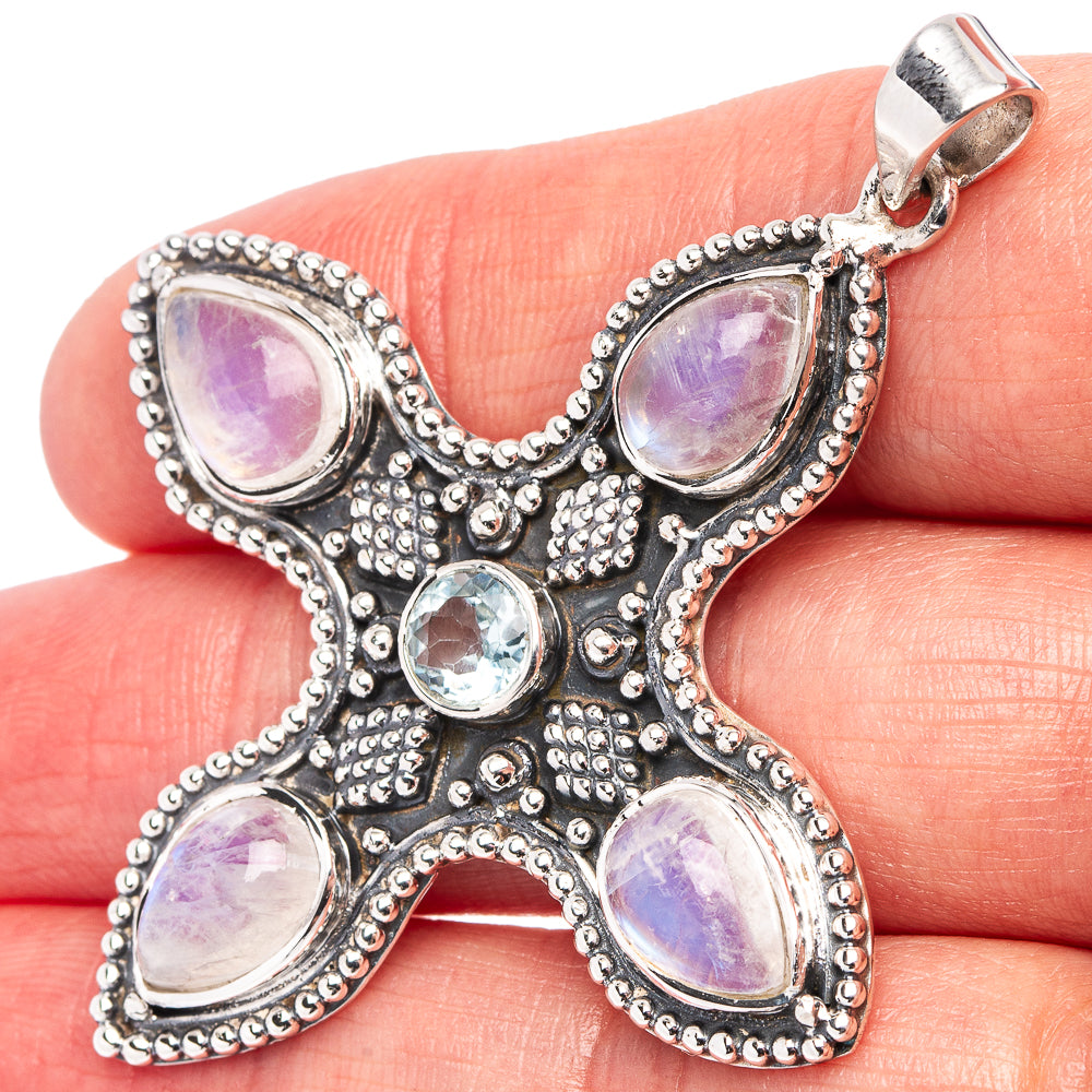 Signature Rainbow Moonstone, Blue Topaz Pendant 2 1/4" (.925 Sterling Silver)