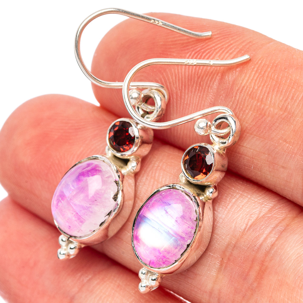 Pink Moonstone, Garnet Earrings 1 3/8" (925 Sterling Silver) E2573