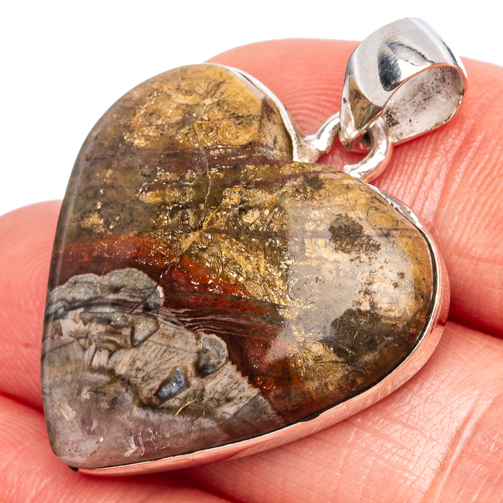 Mushroom Rhyolite Heart Pendants 1 3/8" (925 Sterling Silver) P43257