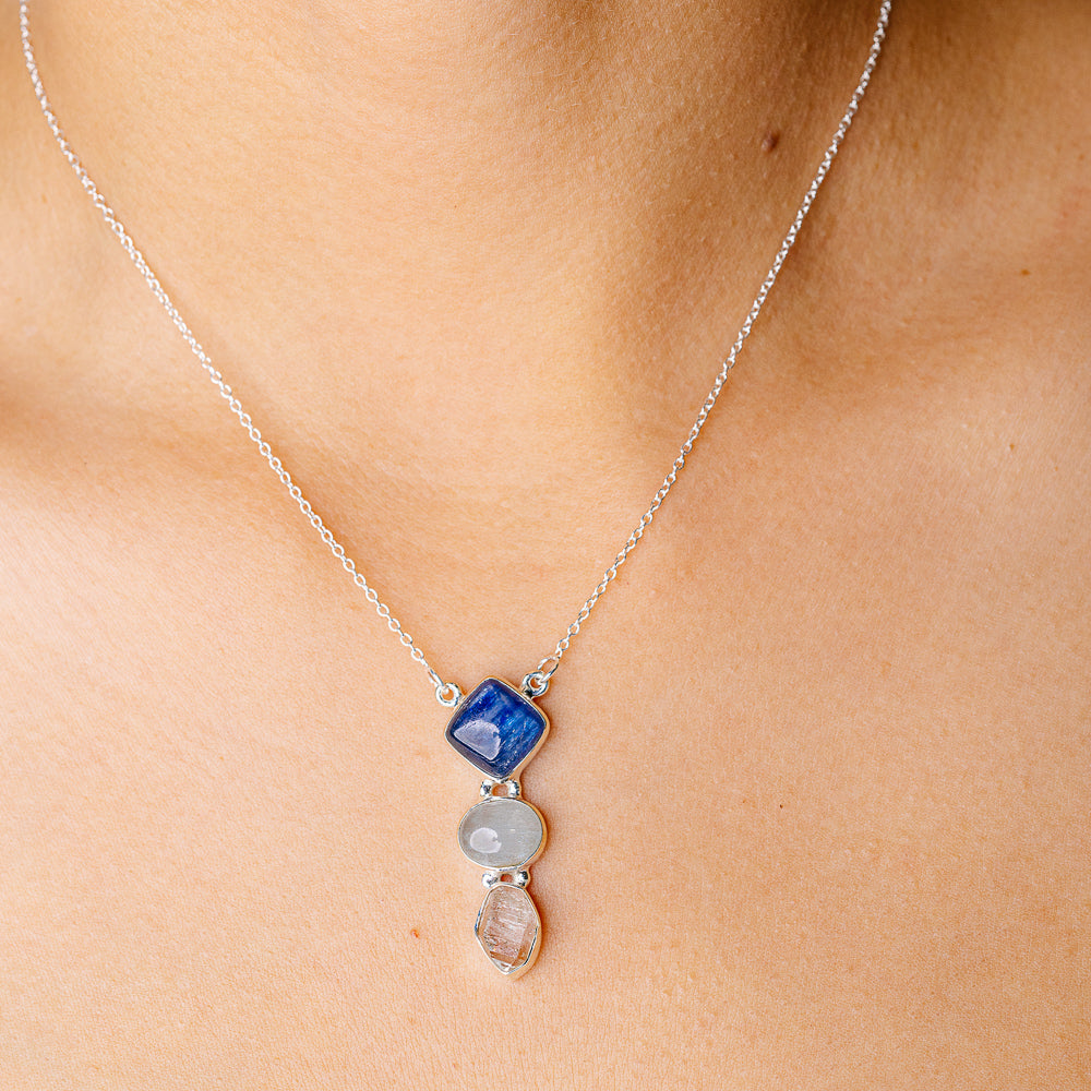 Kyanite, Rainbow Aquamarine, Herkimer Diamond Necklace 16.375" (925 Sterling Silver) N90259