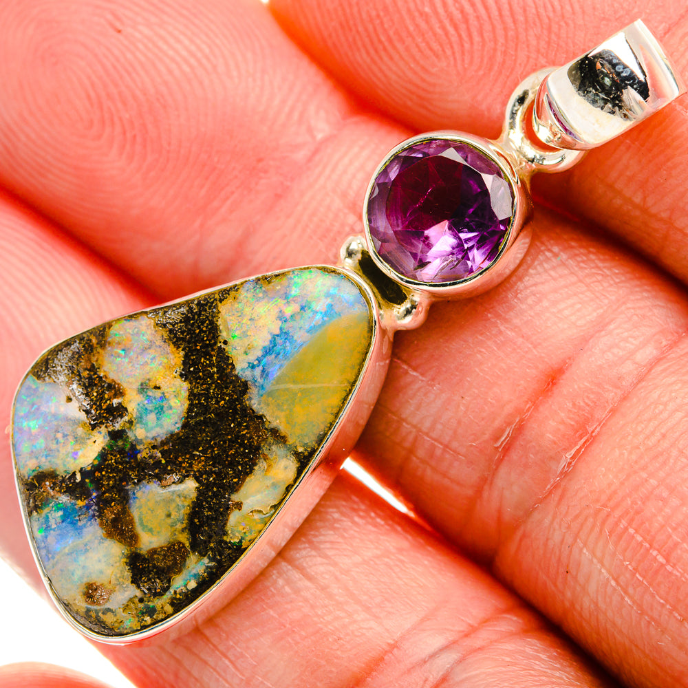Boulder Opal, Amethyst 925 Sterling Silver Pendant 1 3/4" (925 Sterling Silver) PD38339