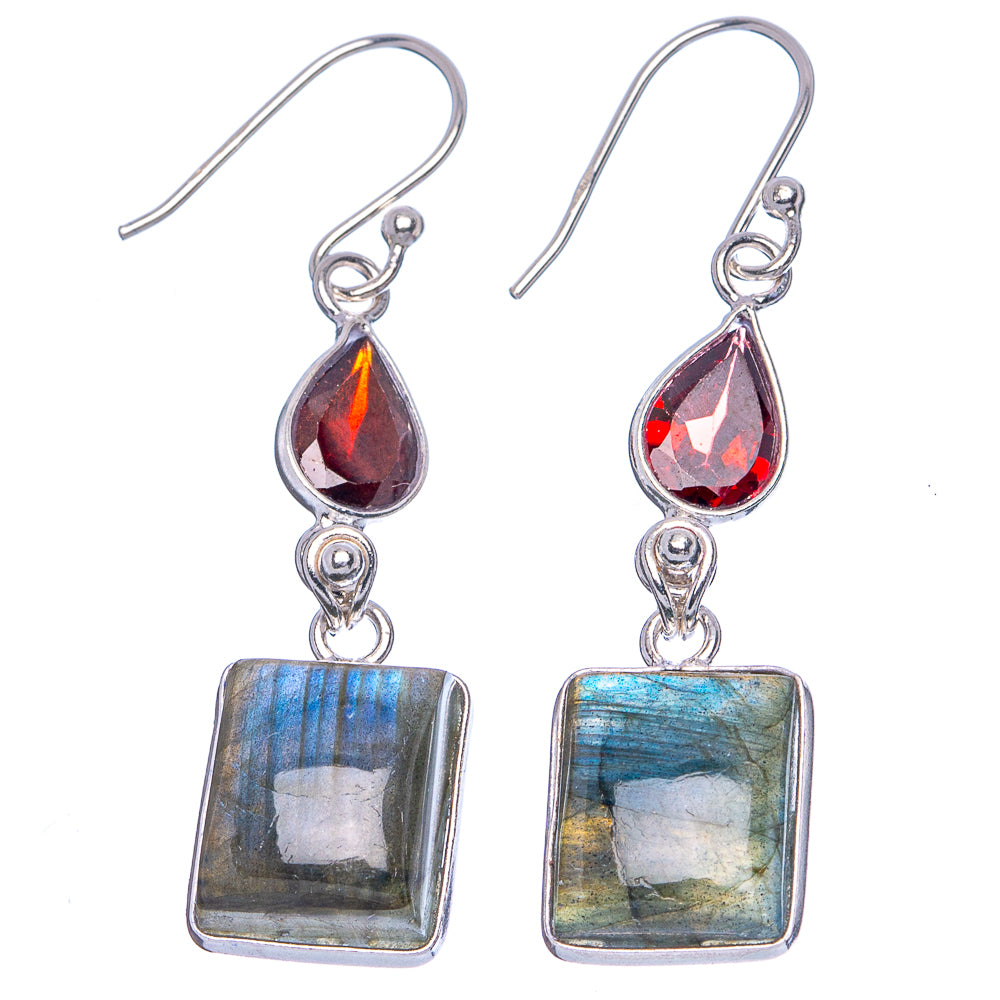 Labradorite, Garnet Earrings 1 7/8" (.925 Sterling Silver)