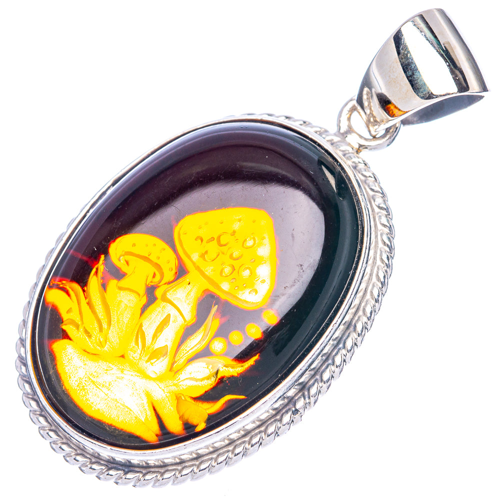 Amber Intaglio Mushroom Pendant 1 3/4" (925 Sterling Silver) P42565