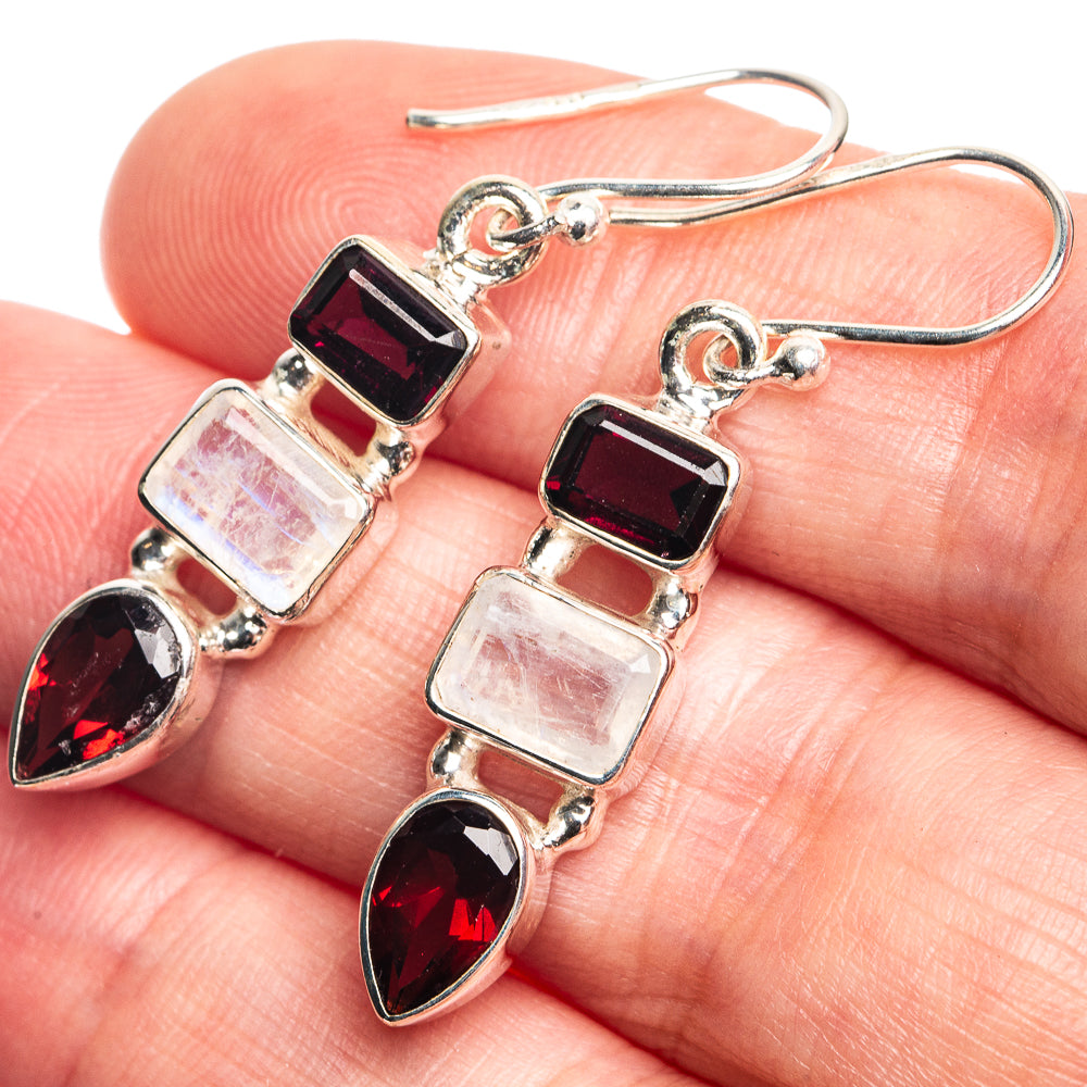 Rainbow Moonstone, Garnet Earrings 1 1/2" (925 Sterling Silver) E432729