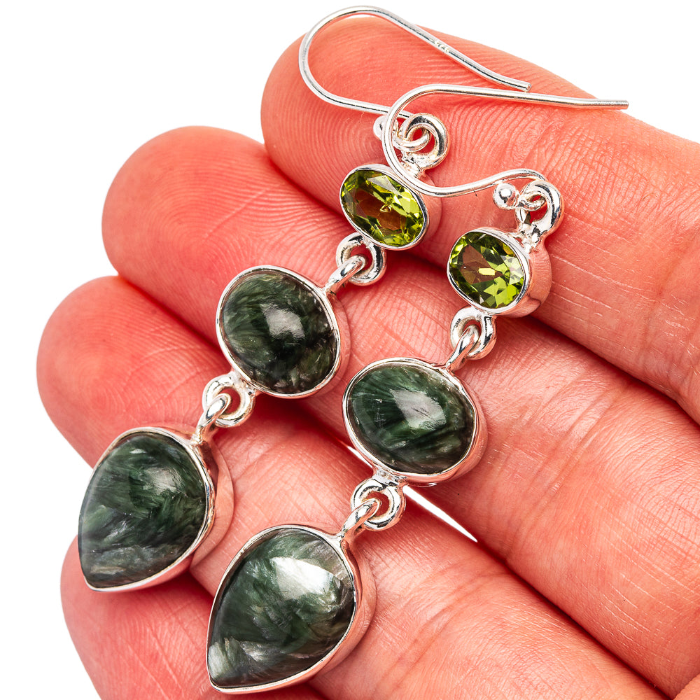 Premium Seraphinite, Peridot Earrings 2 1/4" (.925 Sterling Silver)