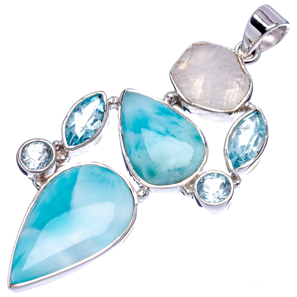 Signature Larimar, Rainbow Moonstone, Blue Topaz Pendant 2 3/8" (.925 Sterling Silver)
