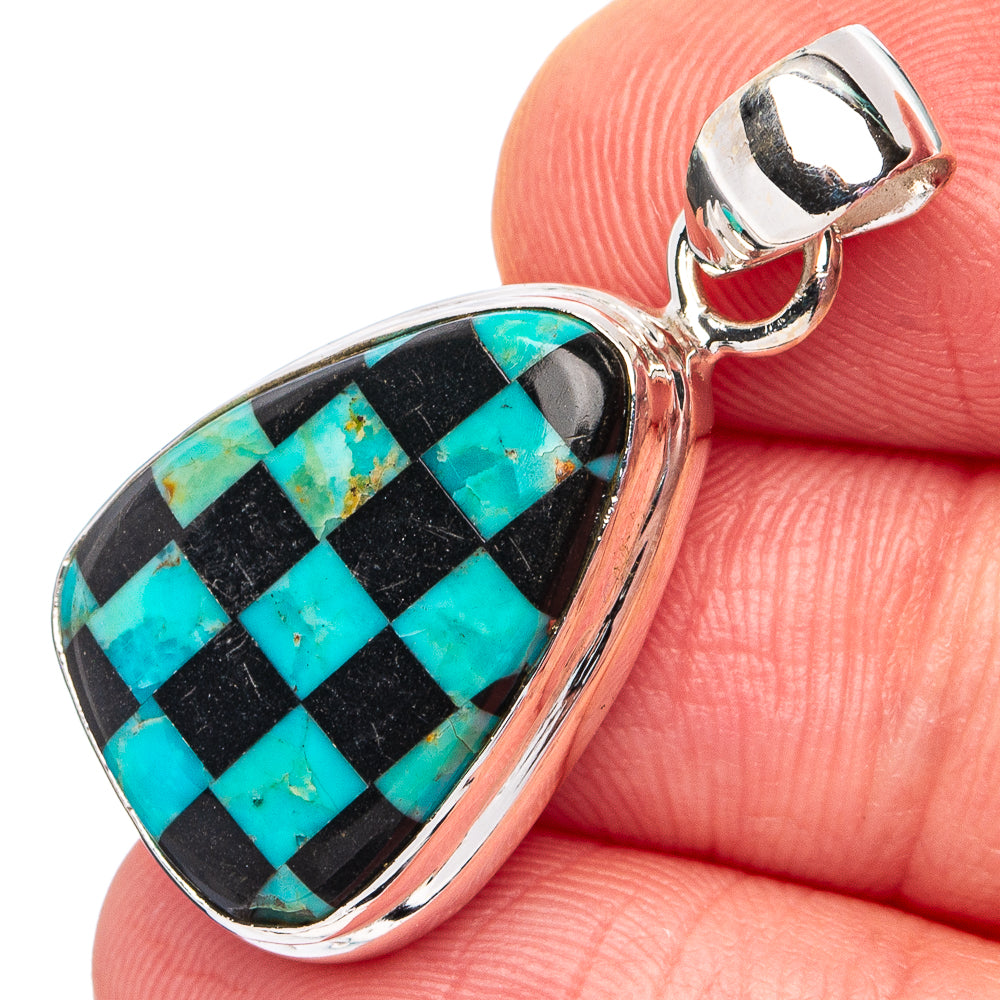 Rare Kingman Turquoise Black Onyx Pendant 1 1/4" (.925 Sterling Silver)