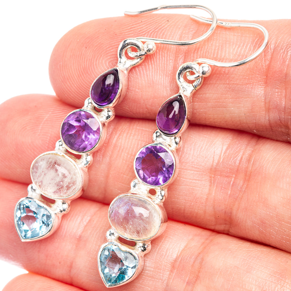 Rainbow Moonstone, Blue Topaz, Amethyst Earrings 1 7/8" (925 Sterling Silver) E432562