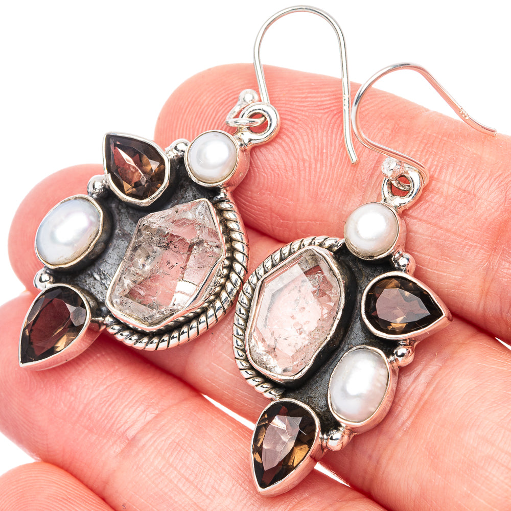 Premium Herkimer Diamond, Smoky Quartz, Cultured Pearl 925 Sterling Silver Earrings 1 3/4" (925 Sterling Silver) E1213