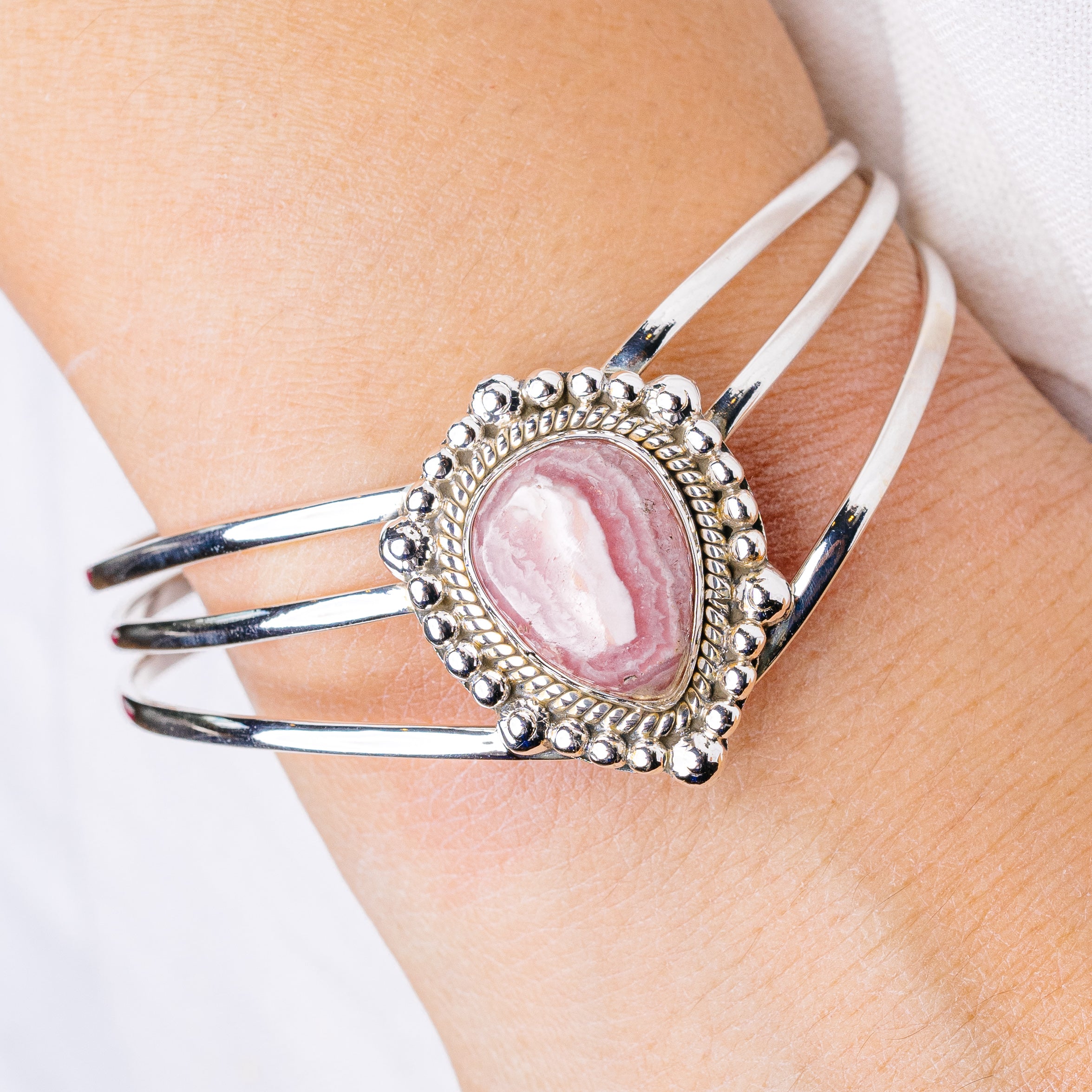 Rhodochrosite Cuff Bracelet Adjustable (925 Sterling Silver) B90419