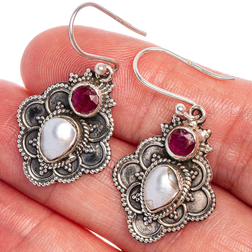 Cultured Pearl, Ruby Earrings 1 1/2" (925 Sterling Silver) E1024