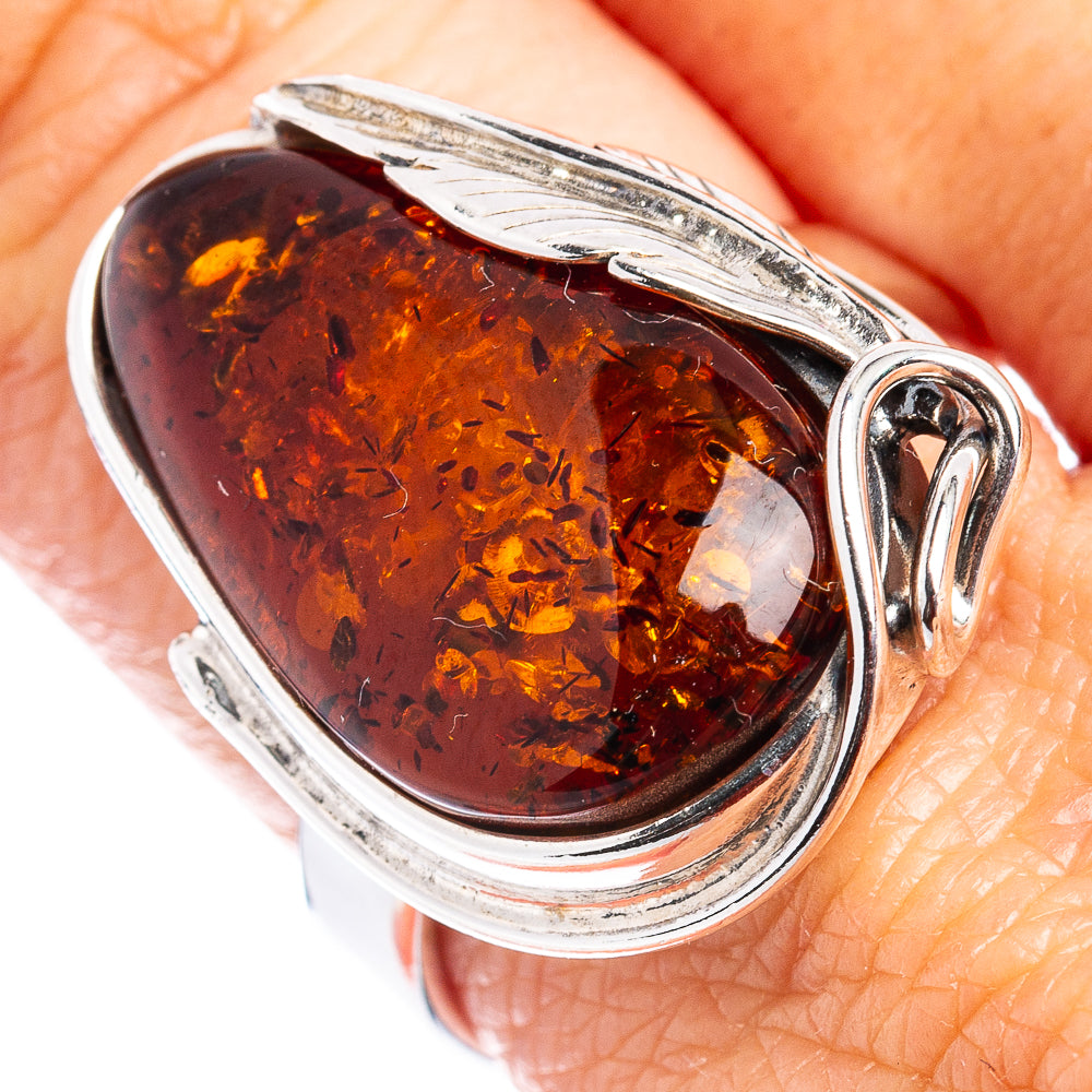 Baltic Amber Leaf Ring Size 8 Adjustable (.925 Sterling Silver)
