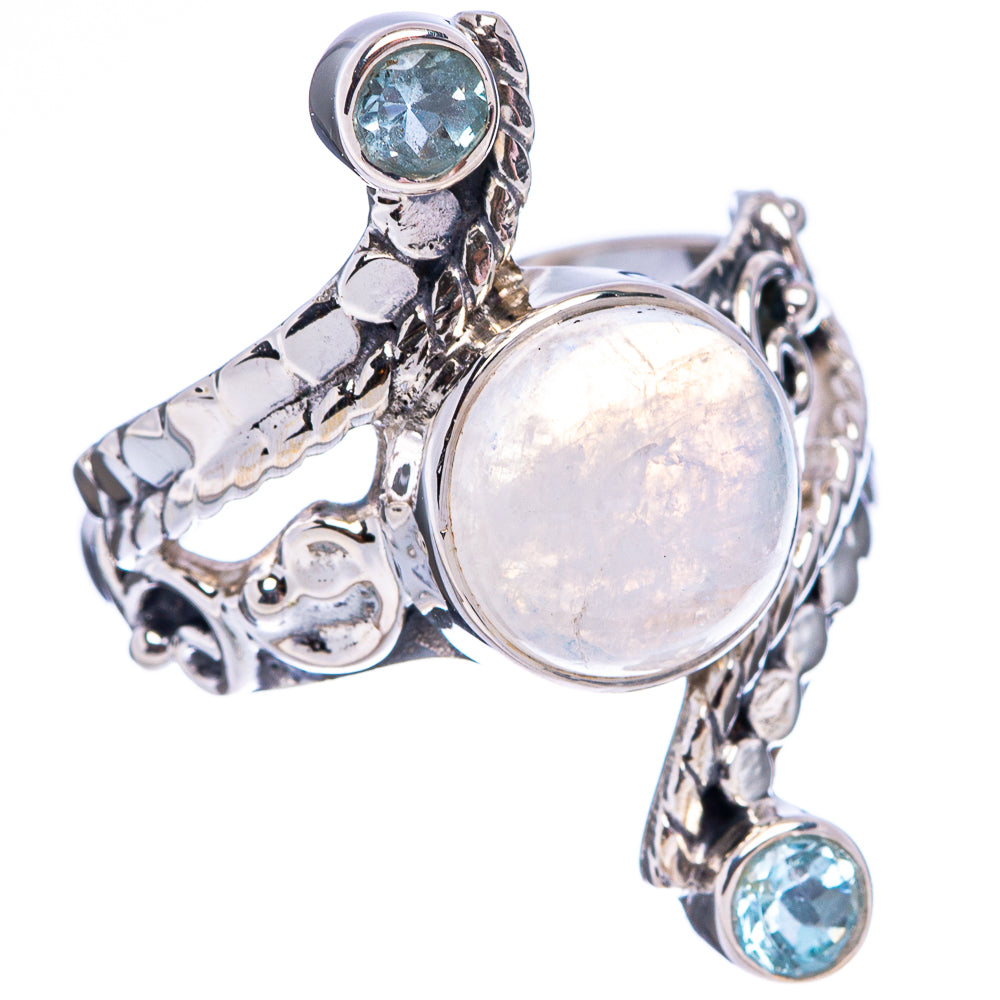 Premium Rainbow Moonstone, Blue Topaz Ring Size 8.75 (.925 Sterling Silver)