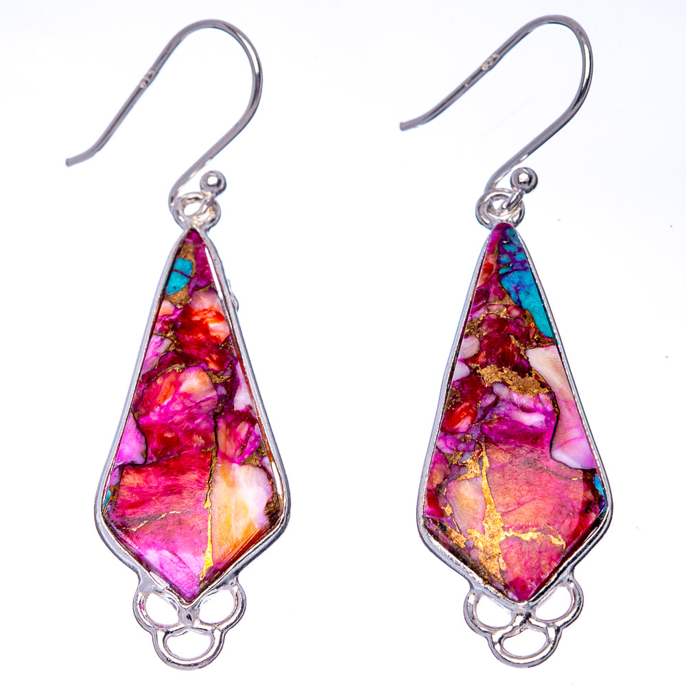 Kingman Pink Dahlia Turquoise 925 Sterling Silver Earrings 2" (925 Sterling Silver) E1439