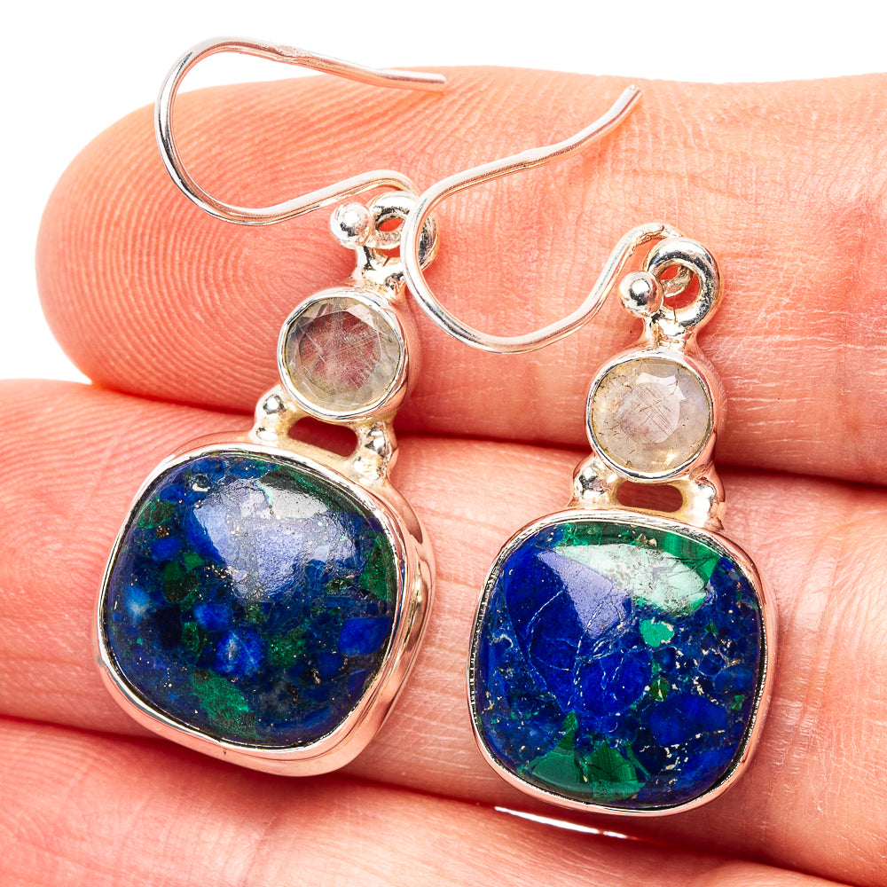 Premium Azurite In Malachite, Rainbow Moonstone Earrings 1 3/8" (.925 Sterling Silver)